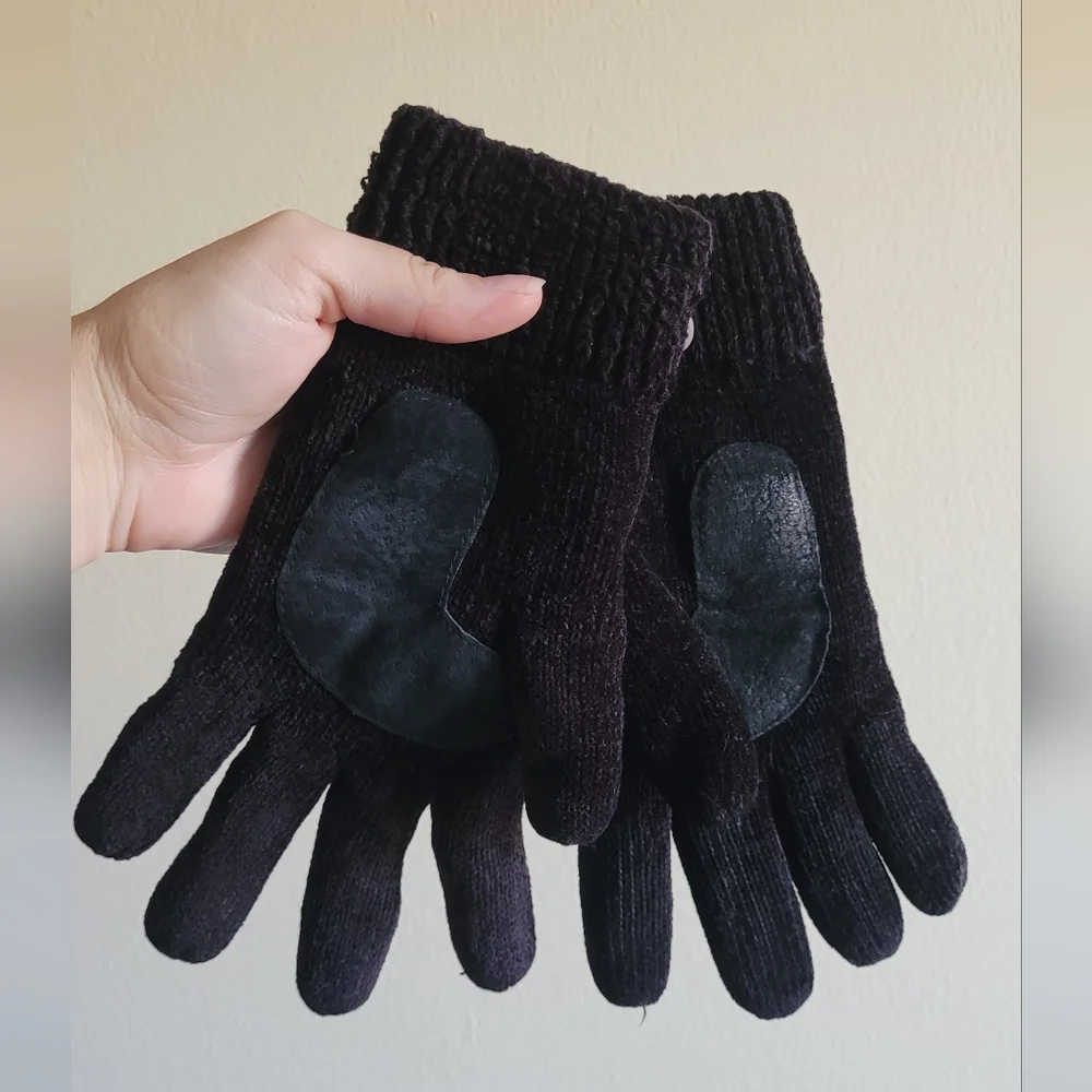 Isotoner Chenille Plush Lined Gloves with Leather Trimmed Palms, One Size